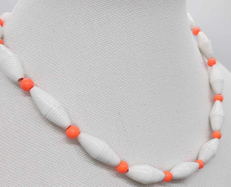 White and Orange Paper Bead Necklace