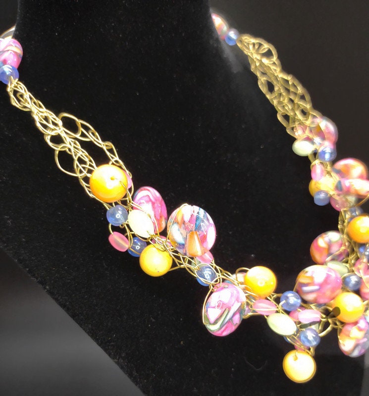Crochet Wire Necklace With Colorful Beads