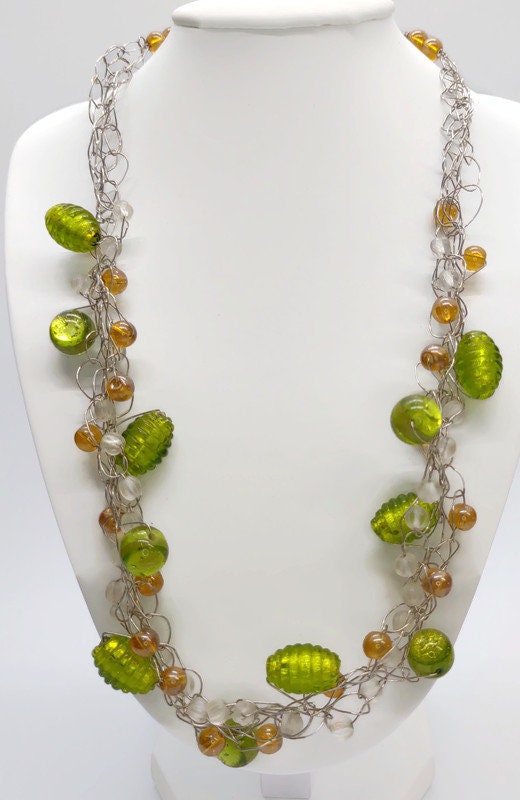 Green and Honey beaded Crochet Wire Necklace