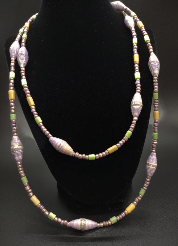 Purple Paper Bead Necklace and Earring Set