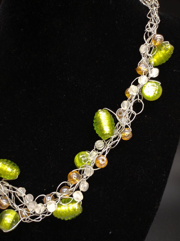 Green and Honey beaded Crochet Wire Necklace