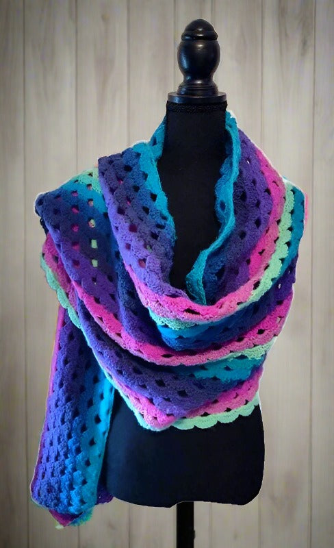 Crochet Scarf or Wrap in Purples and Pink