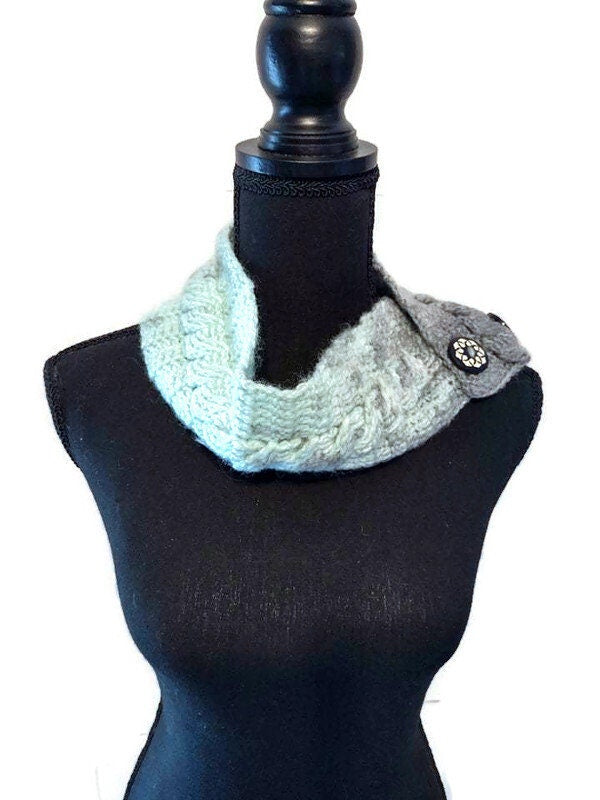 Crochet Button Scarf in Teal and Gray