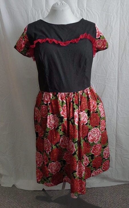 Red and black floral dress